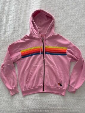 Aviator Nation Pink Zip Hoodie with Rainbow Chest Stripes